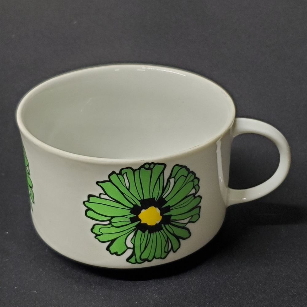 Vintage Green Mod Flower Oversized Mug Soup Bowl Cup Stamped 6337 2.75"x4.75"
